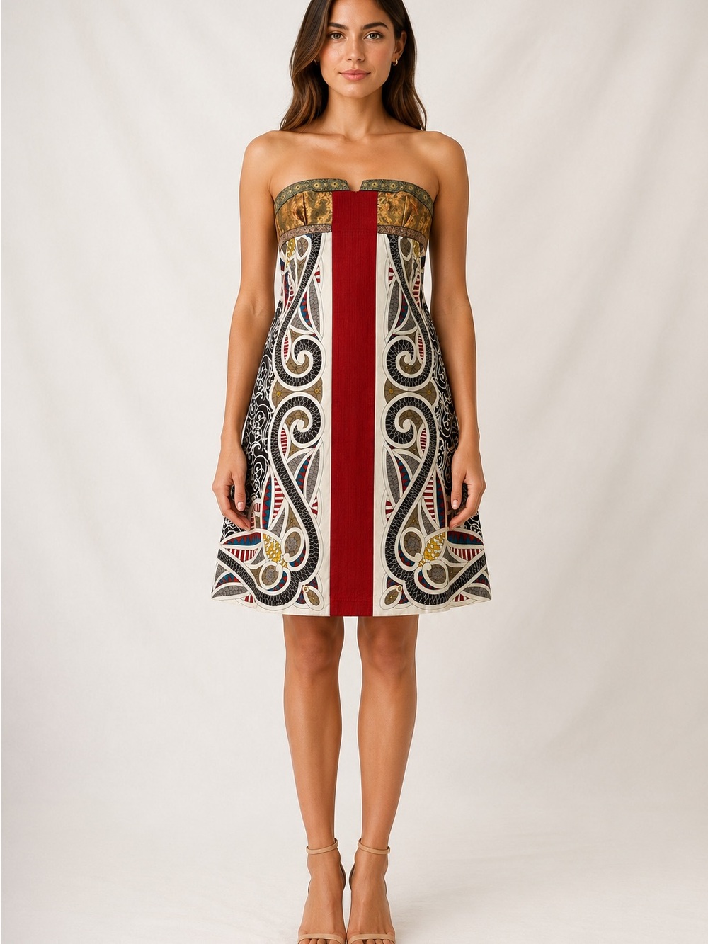 Nicole Miller silk A-line Strapless dress with Red Center Panel - Picture 5 of 5